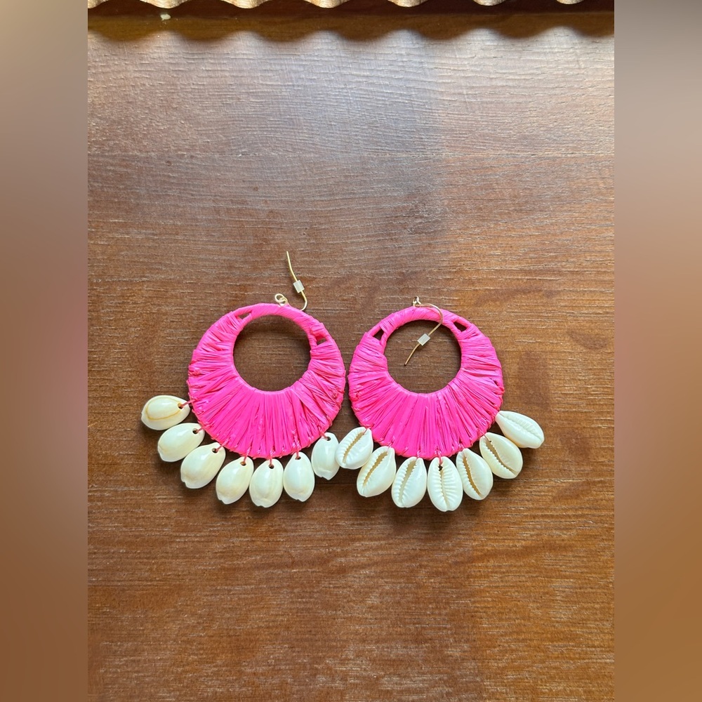 African Hot Pink Raffia Cowrie Shell Hoop Earrings Tropical Beach Vacation Boho